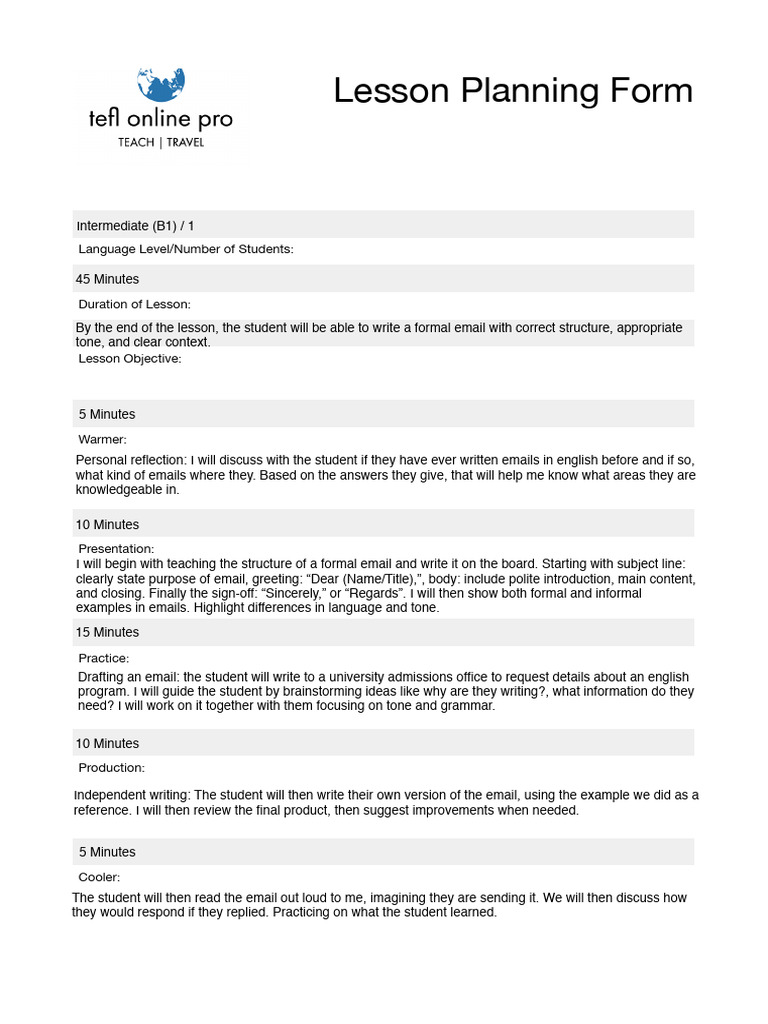 Formal Email Lesson Plan for B1 Students | PDF