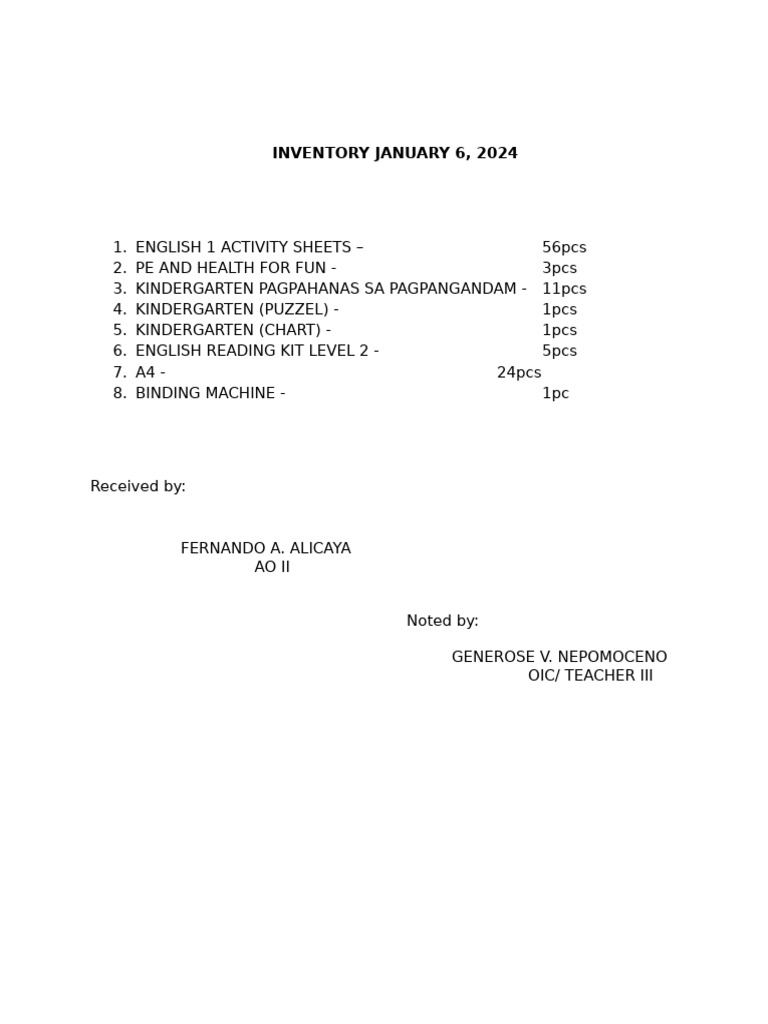 January 2024 Inventory List | PDF