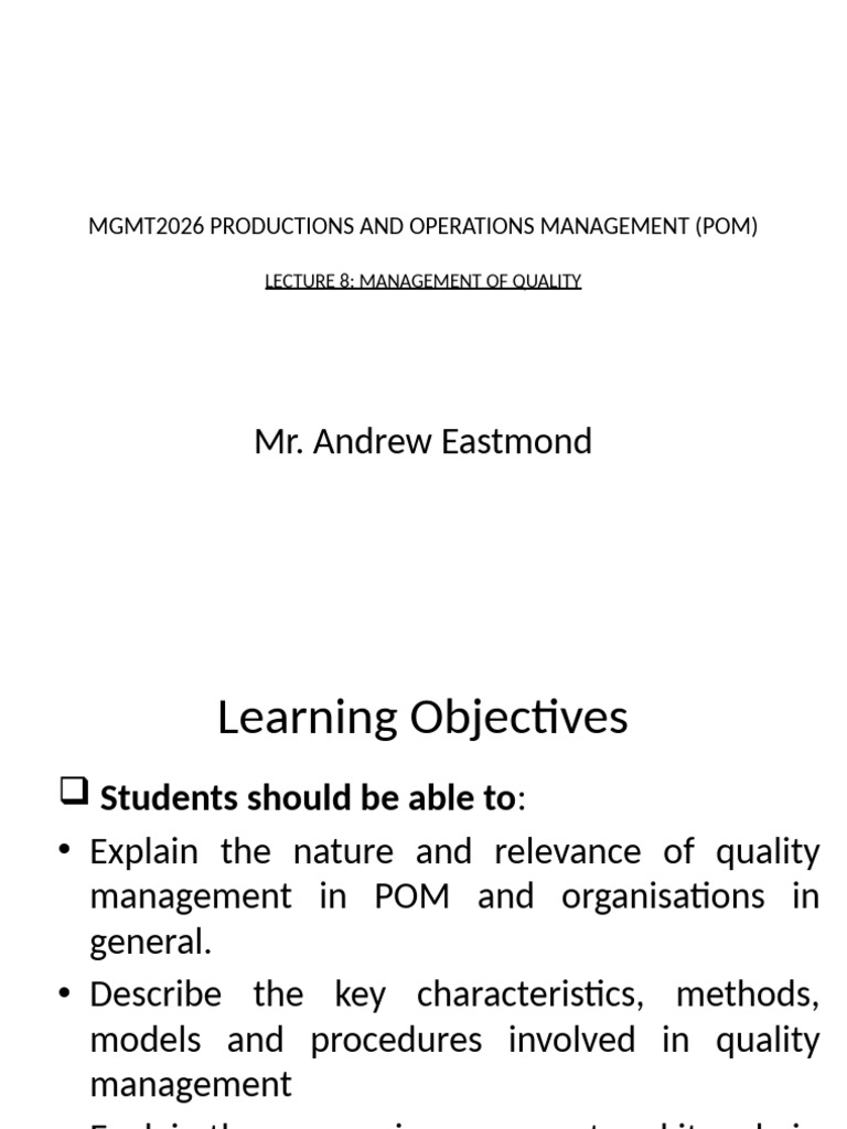 Lecture 8 Management of Quality | PDF | Quality Management | Business
