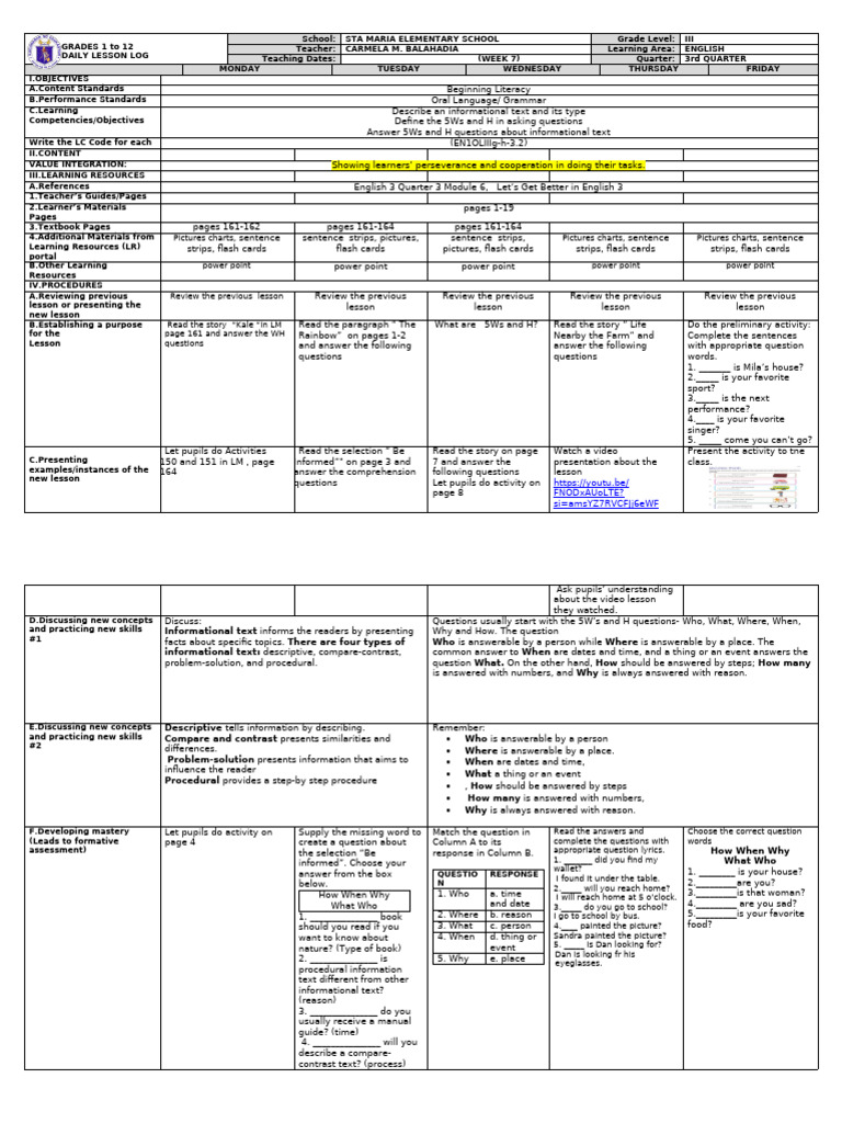 Grade 3 English Daily Lesson Plan | PDF | Reading Comprehension | Learning
