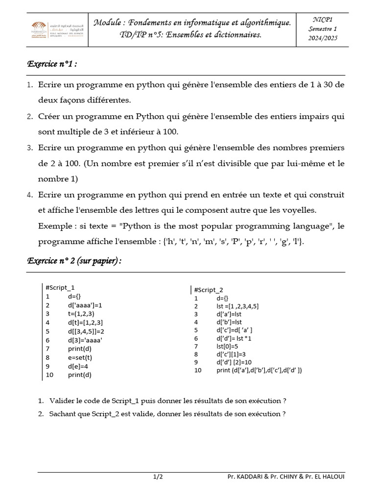 Exercices Python : Ensembles et Dictionnaires | PDF | Python (Langage ...