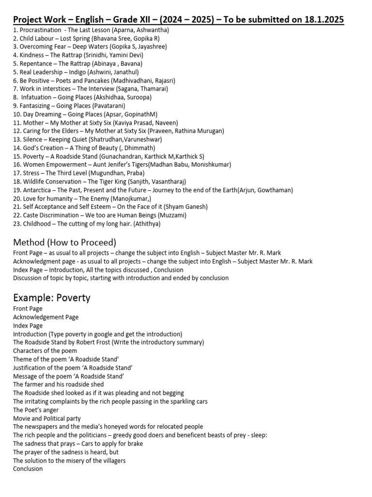 Project Work Titles Grade XII English 2024 - 2025 Batch | PDF