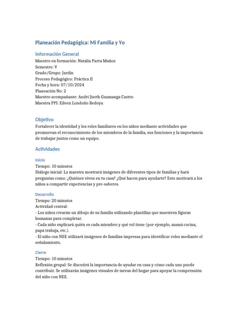 Planeación Mi Familia y Yo | PDF