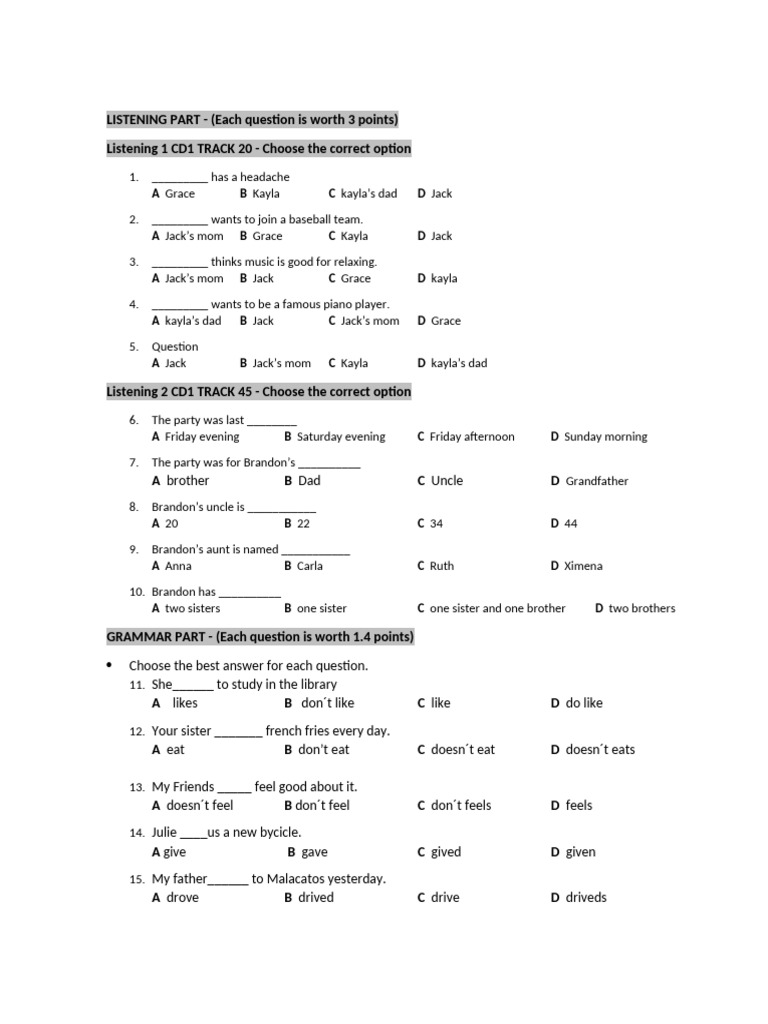 A. Think 1 Listening and Grammar Exit Exam | PDF | Foods