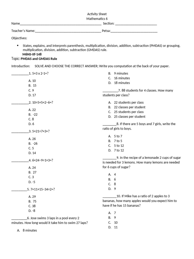 PMDAS and GMDAS Practice Sheet | PDF | Mathematics