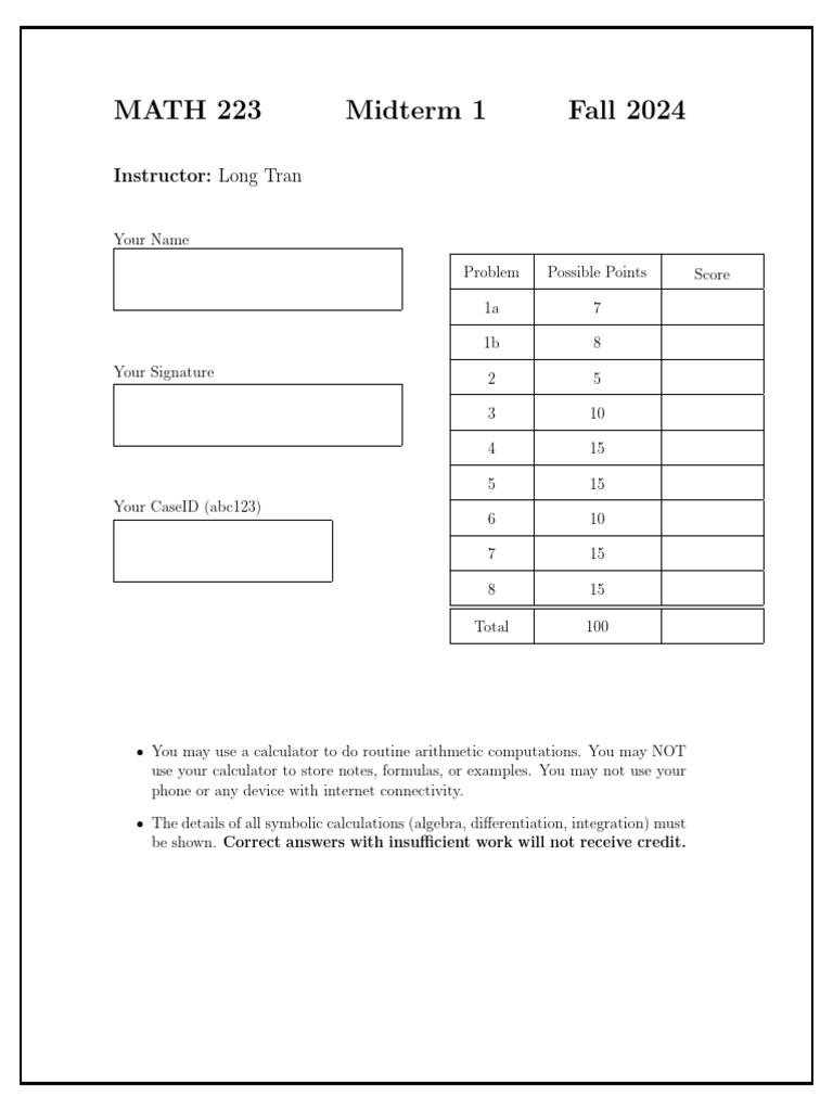 223 Midterm 1 Fall 2024 | PDF | Integral | Derivative