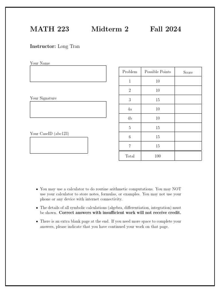 MATH 223 Fall 2024 Midterm 2 Exam | PDF | Integral | Mathematics