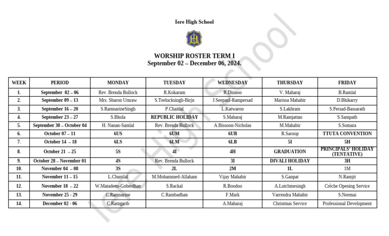 Worship Roster 2024-2025 Term 1 IHS | PDF
