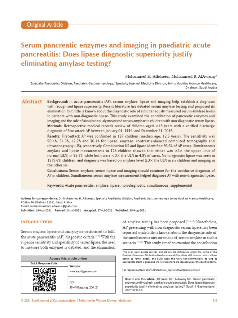 Pediatric Acute Pancreatitis: Amylase vs. Lipase | PDF | Pediatrics ...