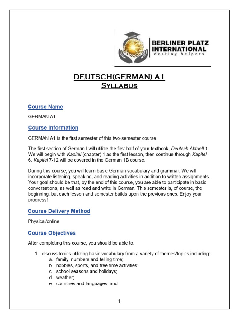 German A1 Course Syllabus Overview | PDF | Grammatical Gender ...
