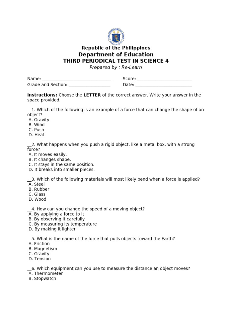 Science 4 Periodical Test Guide | PDF | Force | Friction