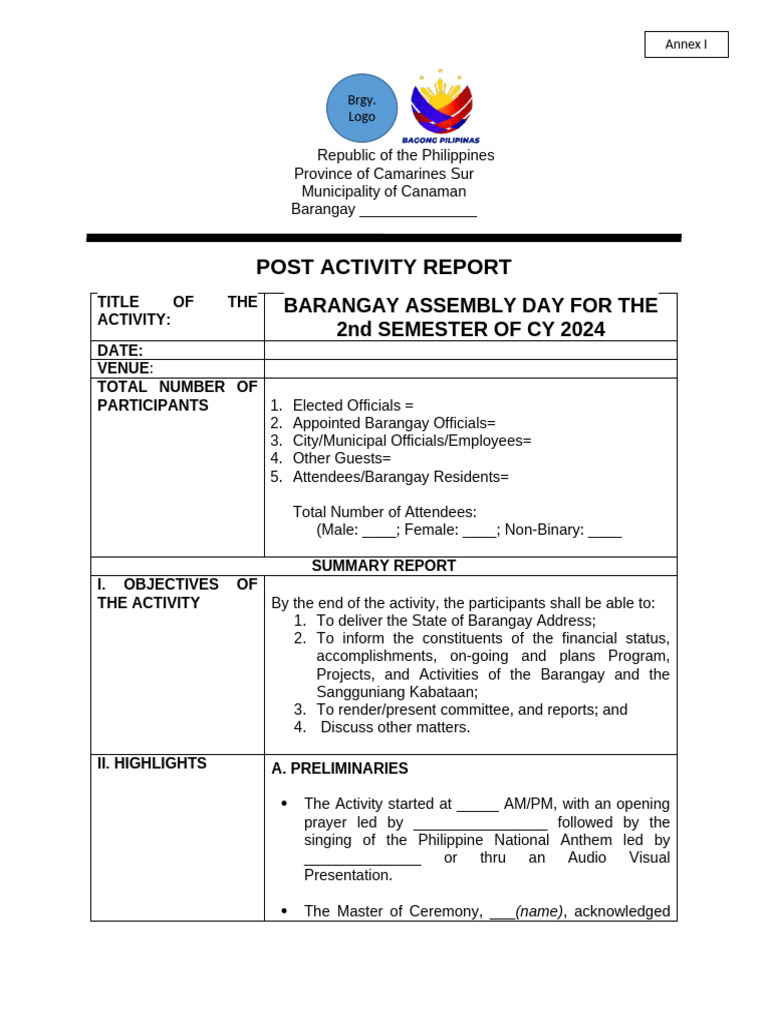 Barangay Assembly Day Report 2024 | PDF