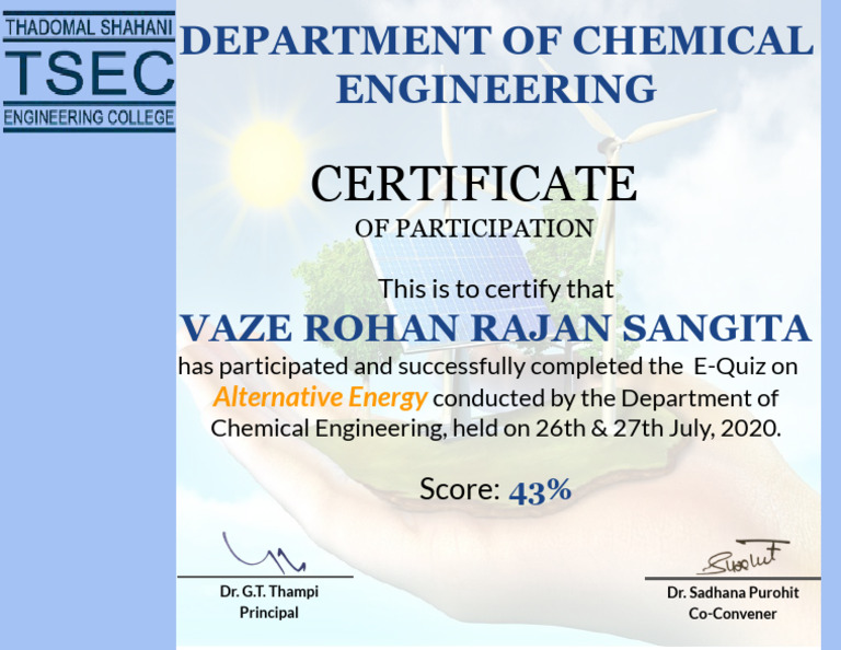 Certificate For VAZE ROHAN RAJAN SANGITA For - Alternative Energy Quiz ...