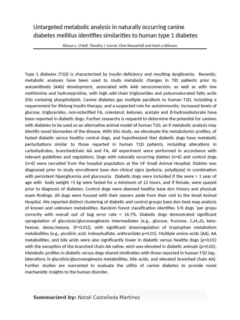Canine Diabetes Metabolism vs Human T1D | PDF | Diabetes | Metabolism