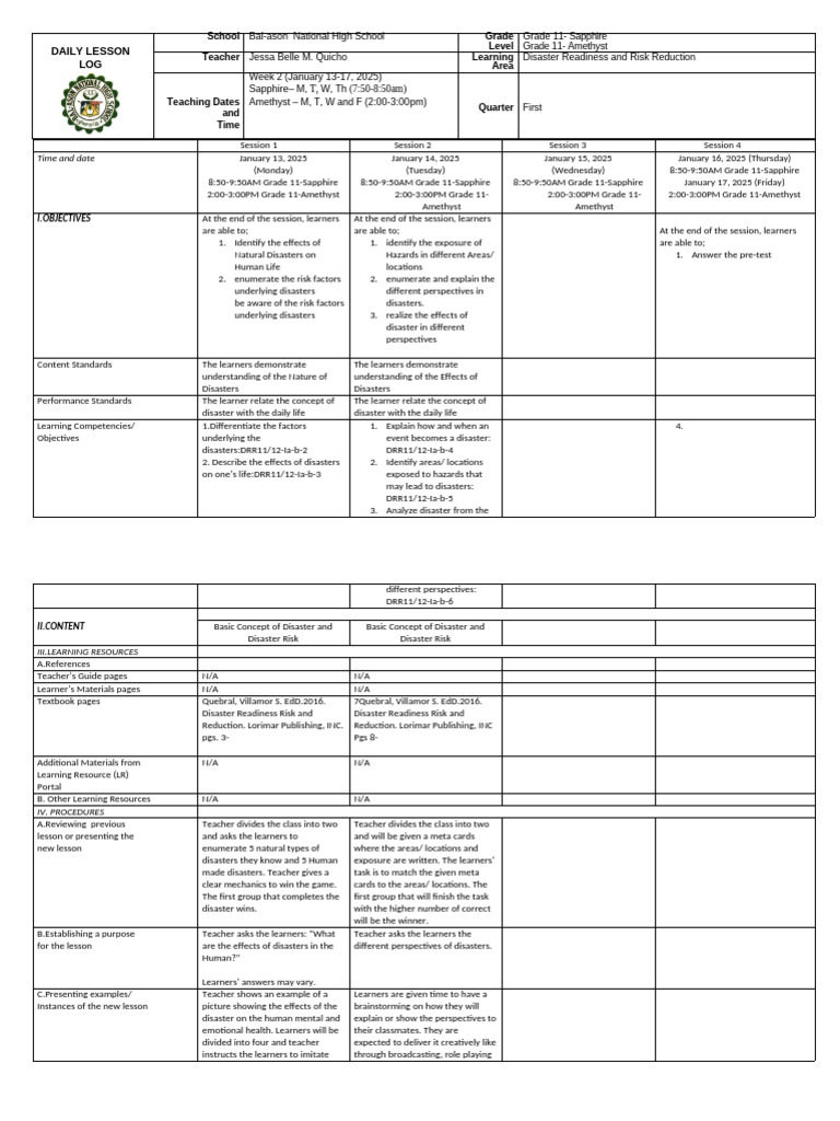 DLL Week 3 DRRM | PDF | Teachers | Learning