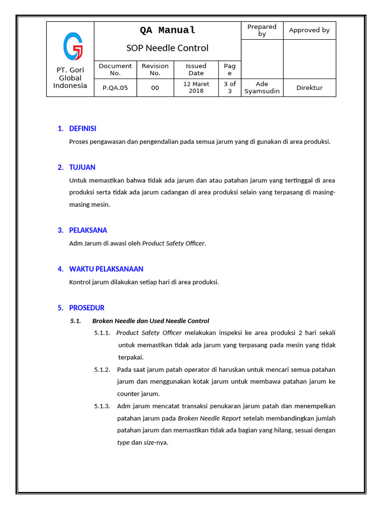 SOP Kontrol Jarum di Produksi | PDF