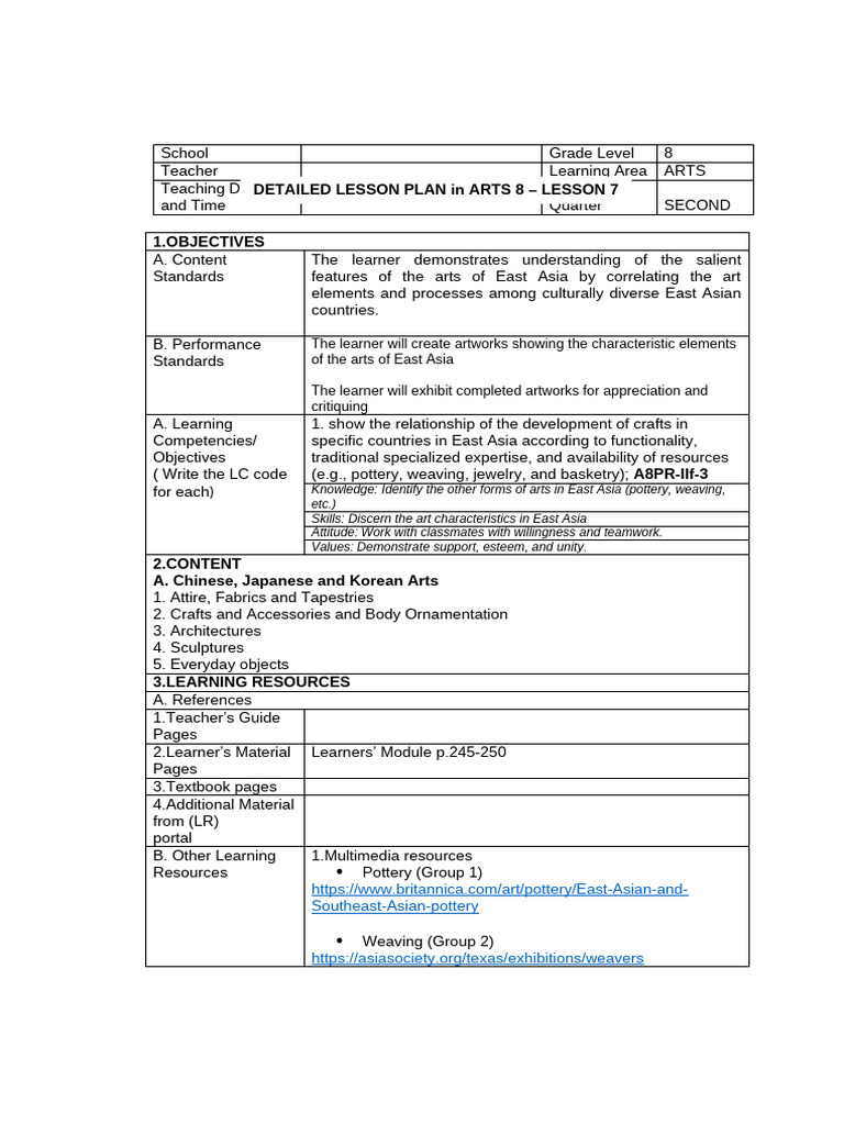 East Asian Arts Lesson Plan for Grade 8 | PDF | Learning | Teachers