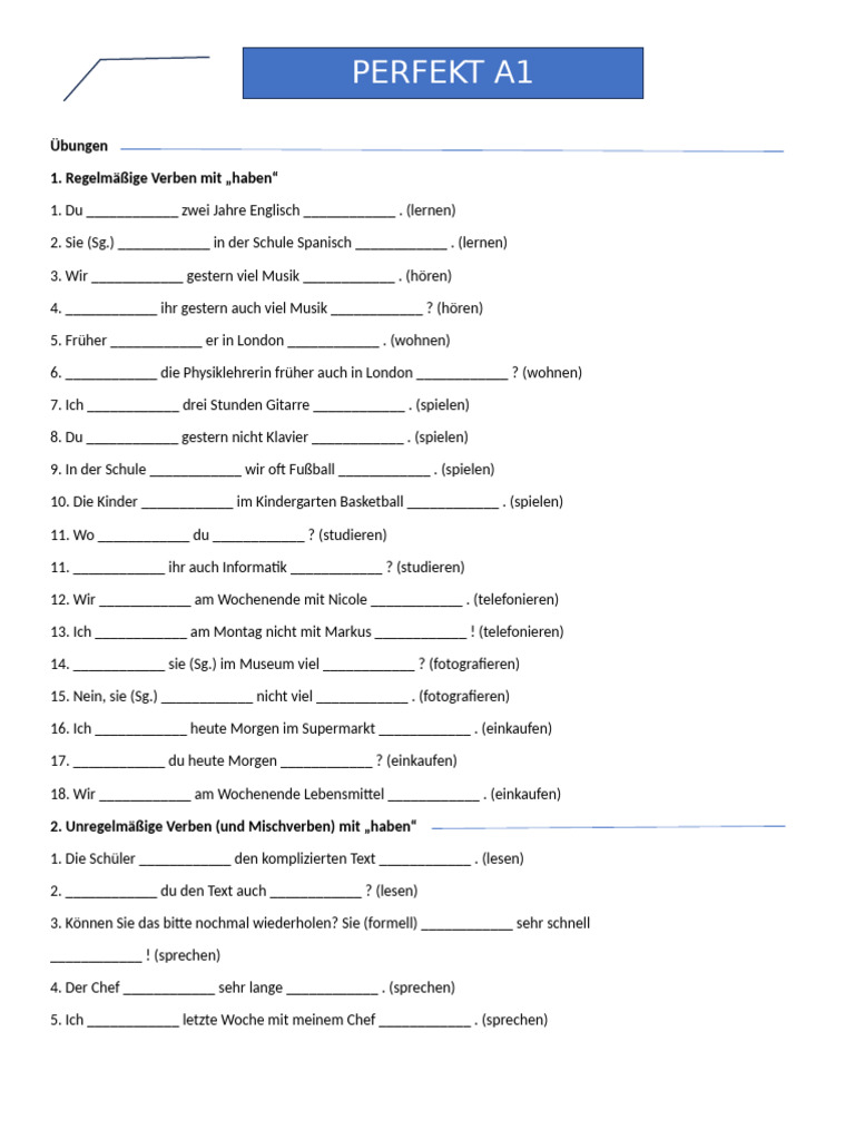 Perfekt A1 Ubungen 2 | PDF