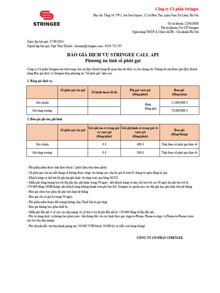 Báo Giá Call API - Theo Số Phút Gọi | PDF