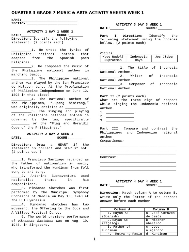 Grade 7 Music & Arts Activity Sheet | PDF | Philippines
