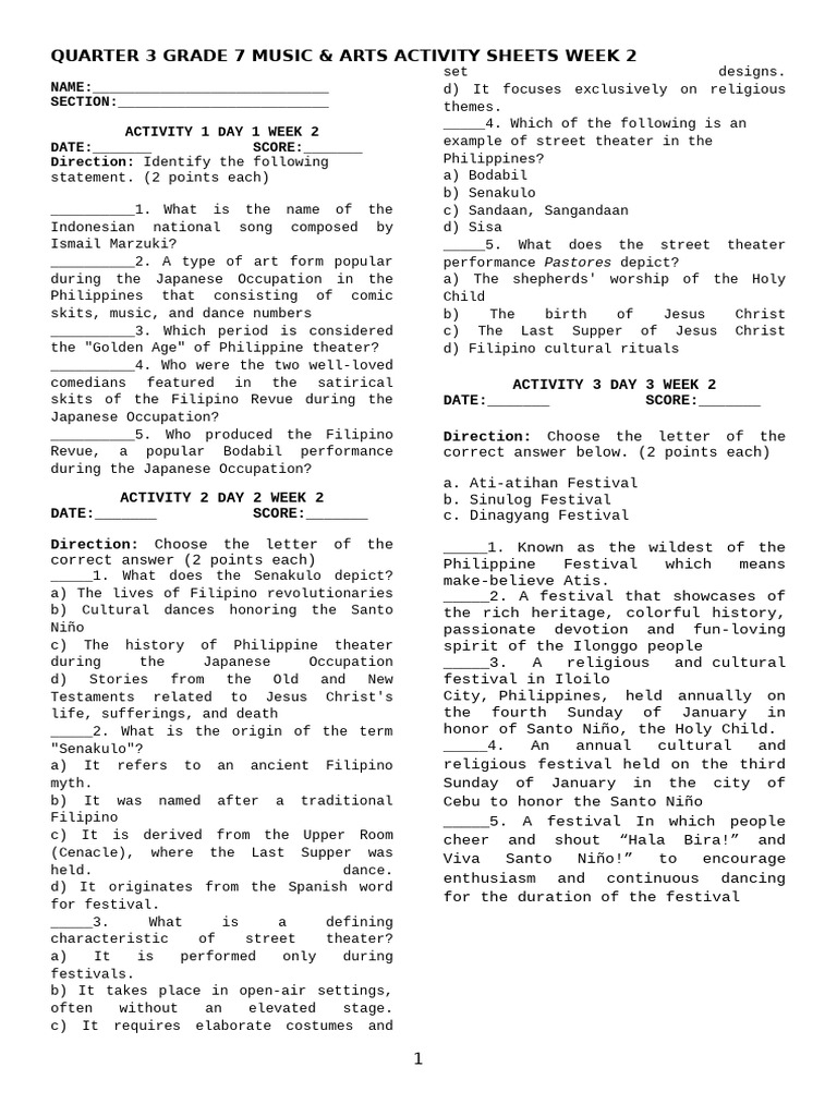Grade 7 Music & Arts Week 2 Activities | PDF | Philippines