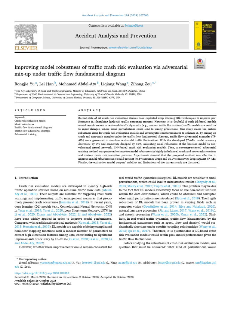 Improving Model Robustness of Traffic Crash Risk Evaluation Via ...