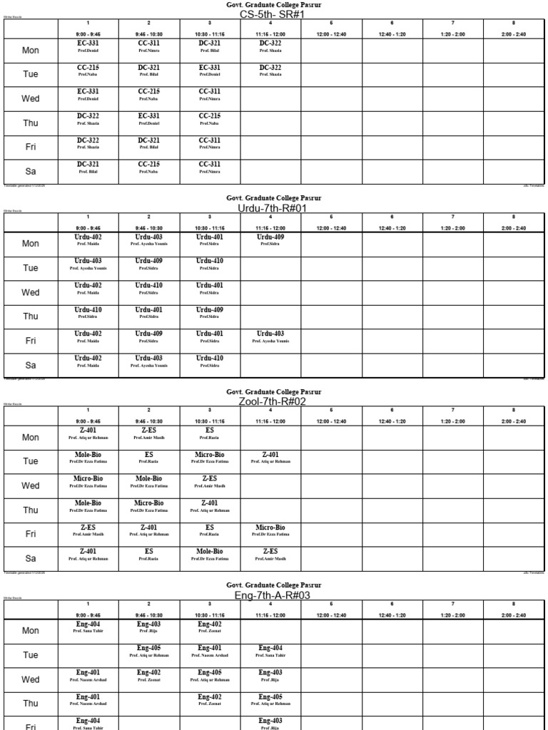 Timetable for Govt. Graduate College | PDF