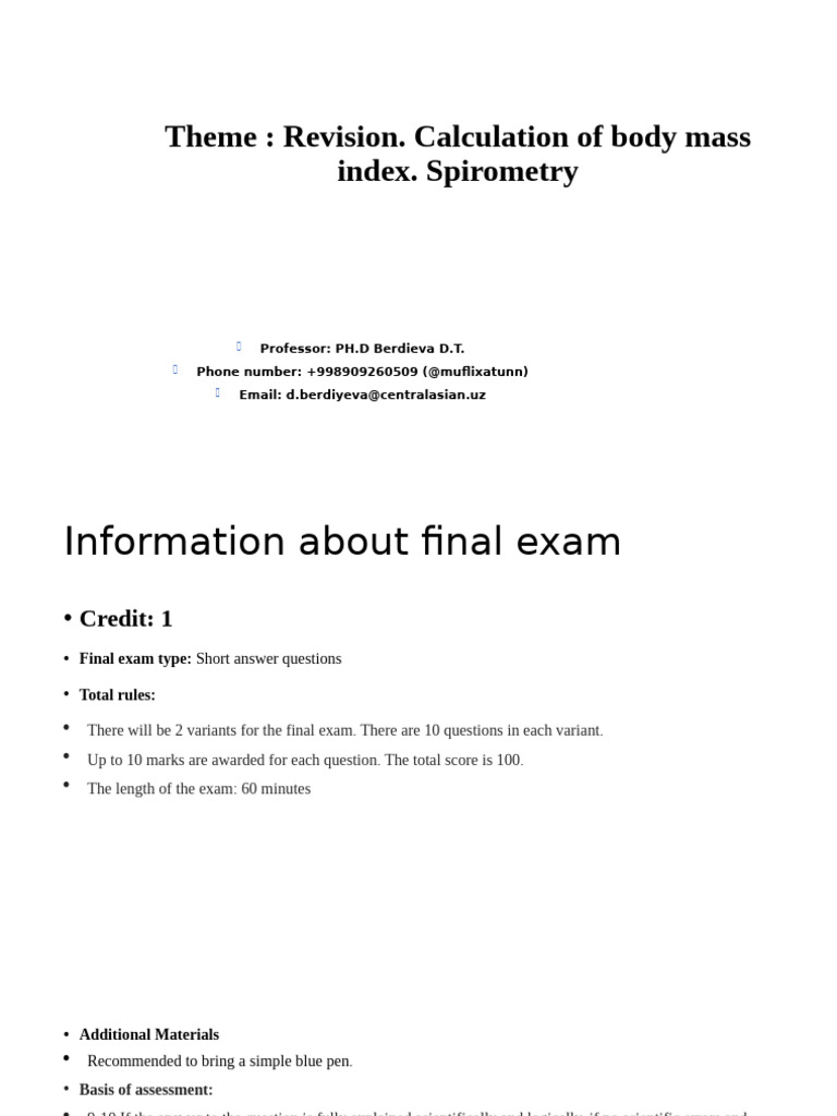 BMI Calculation and Spirometry Exam Guide | PDF