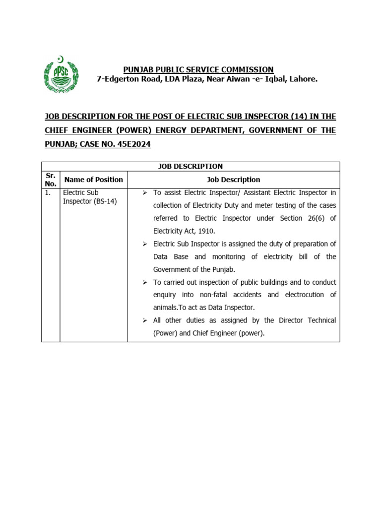 Electric Sub Inspector Job Description | PDF