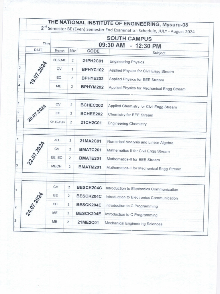 BE Examination Schedule July-Aug 2024 | PDF | Engineering | Mechanical ...