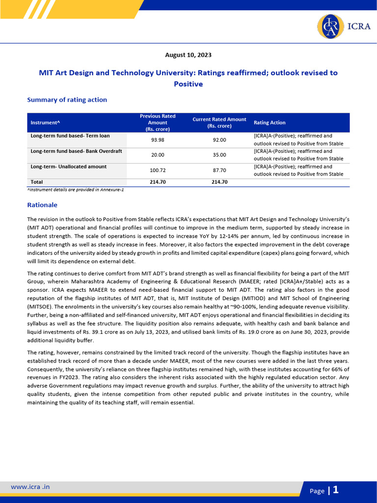 MIT ADT University Rating Upgrade Summary | PDF | Banks | Credit Rating ...