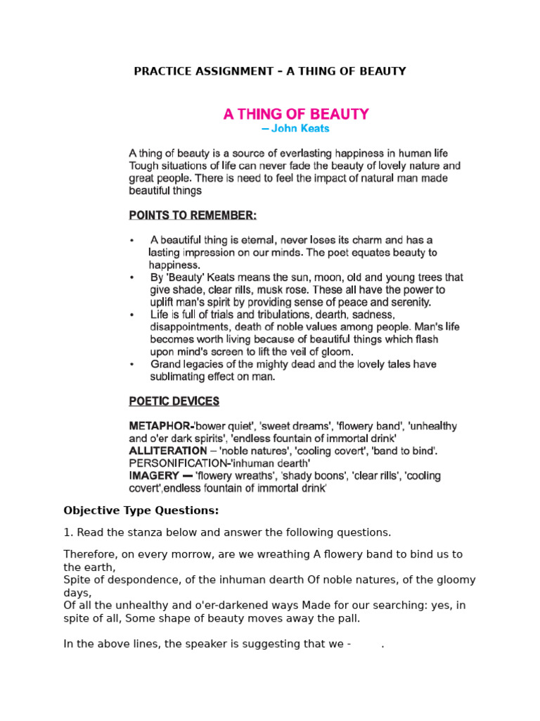 A Thing of Beauty Assignment Guide | PDF | Poetry