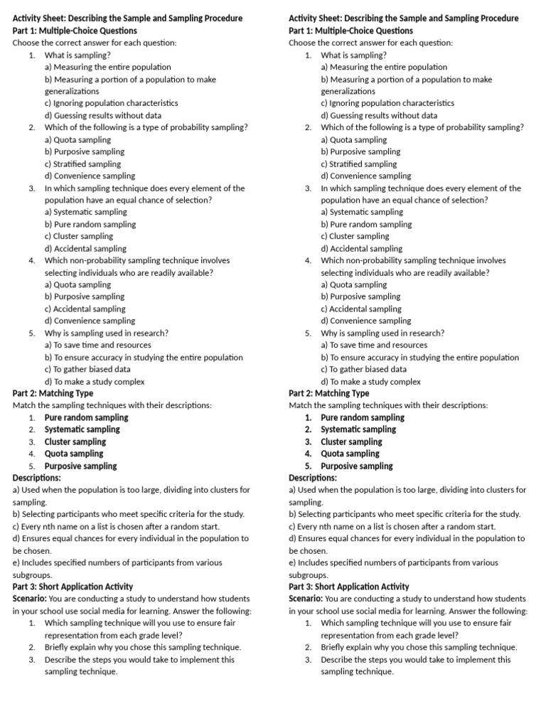 Sampling Techniques Activity Sheet | PDF | Sampling (Statistics ...