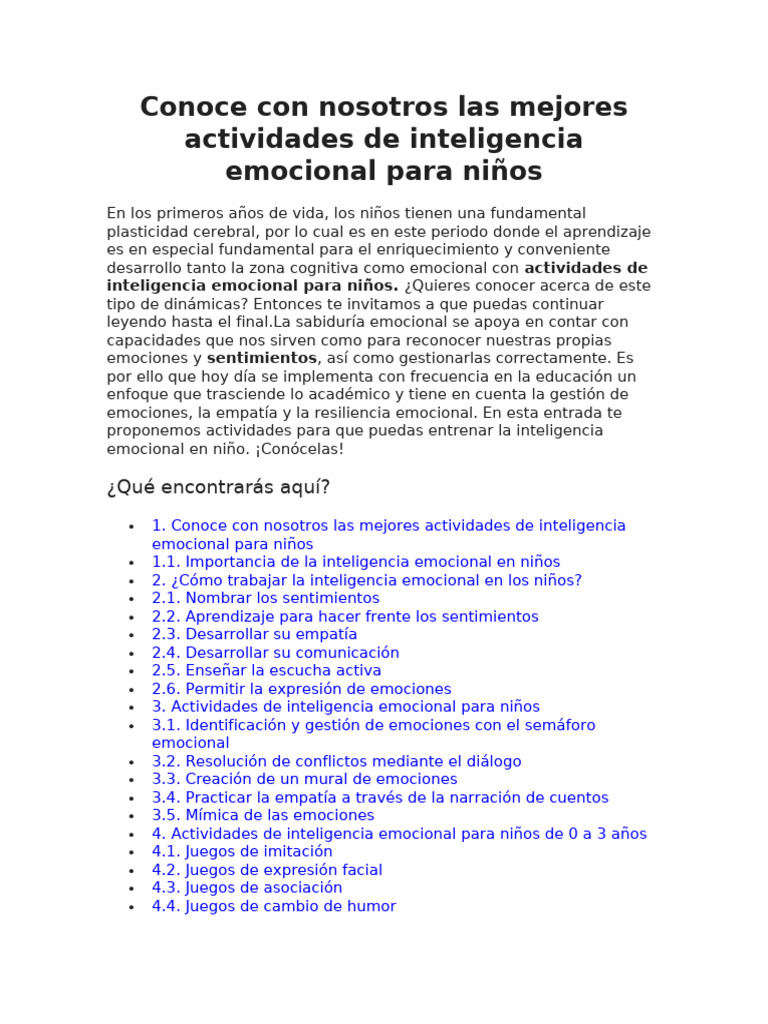 Actividades de Inteligencia Emocional Infantil | PDF | Las emociones ...