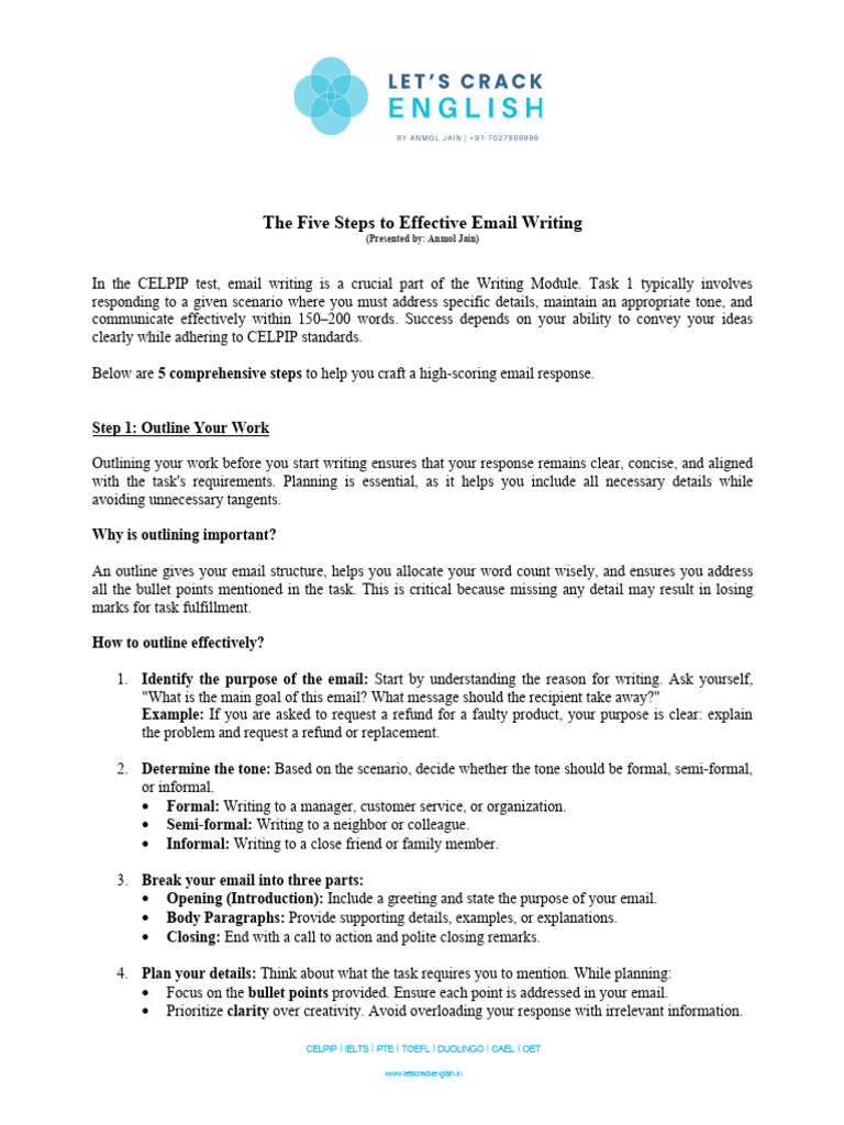 CELPIP Email Writing: 5 Key Steps | PDF | Proofreading | Vocabulary