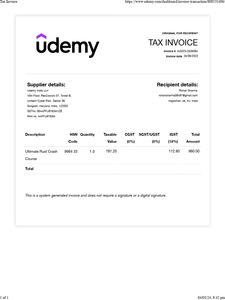 Udemy Tax Invoice for Rust Course | PDF