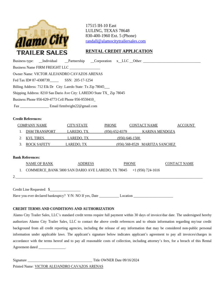 Rental Credit Application for Firm Freight LLC | PDF | Credit Card ...