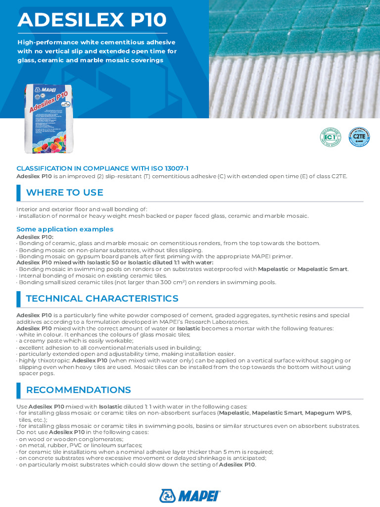 MAPEI - ADESILEX P10 - GLUE | PDF | Adhesive | Tile