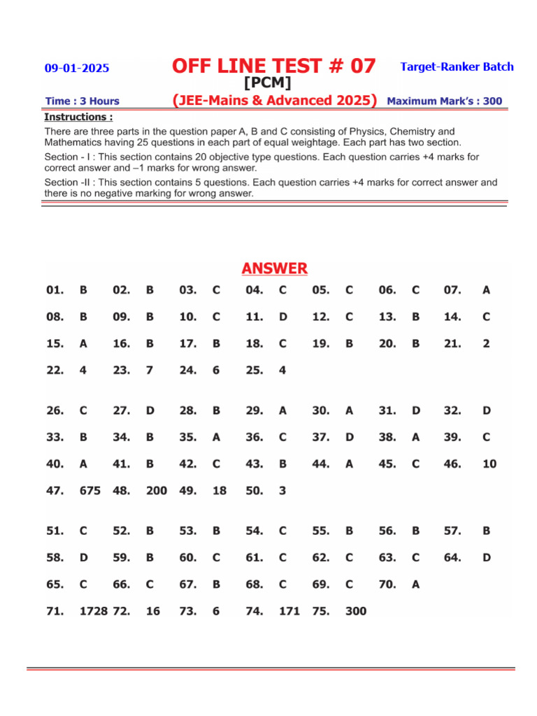 Answer PCM Test-07 (Target-Ranker) - 250111 - 142824 | PDF