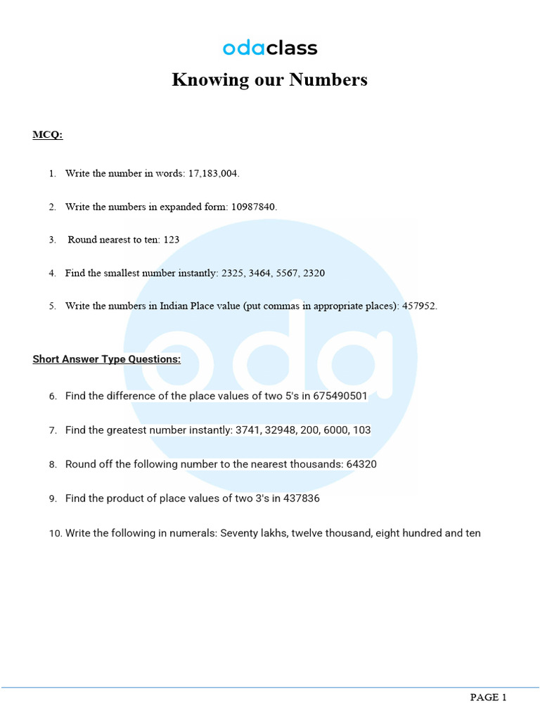 Class 5 Number System Worksheet | PDF