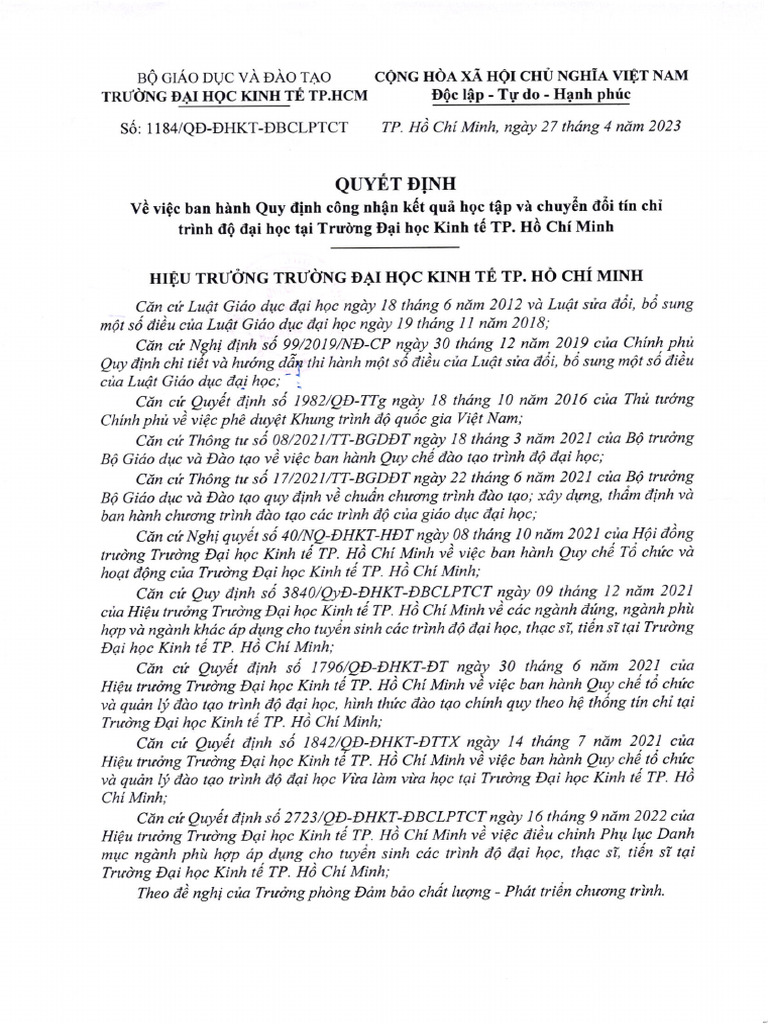 QD1184 Quy Dinh Cong Nhan Ket Qua Hoc Tap Chuyen Doi Tin Chi | PDF