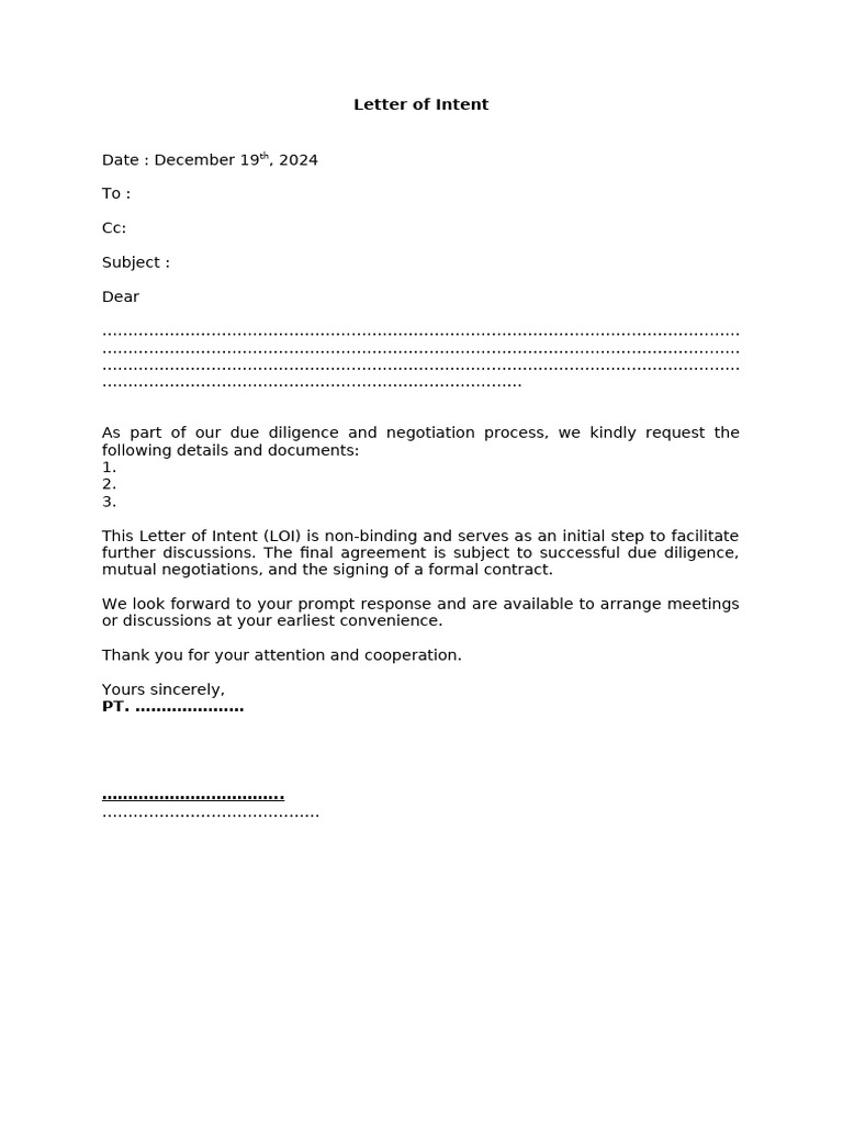 Draft Letter of Intent Template | PDF