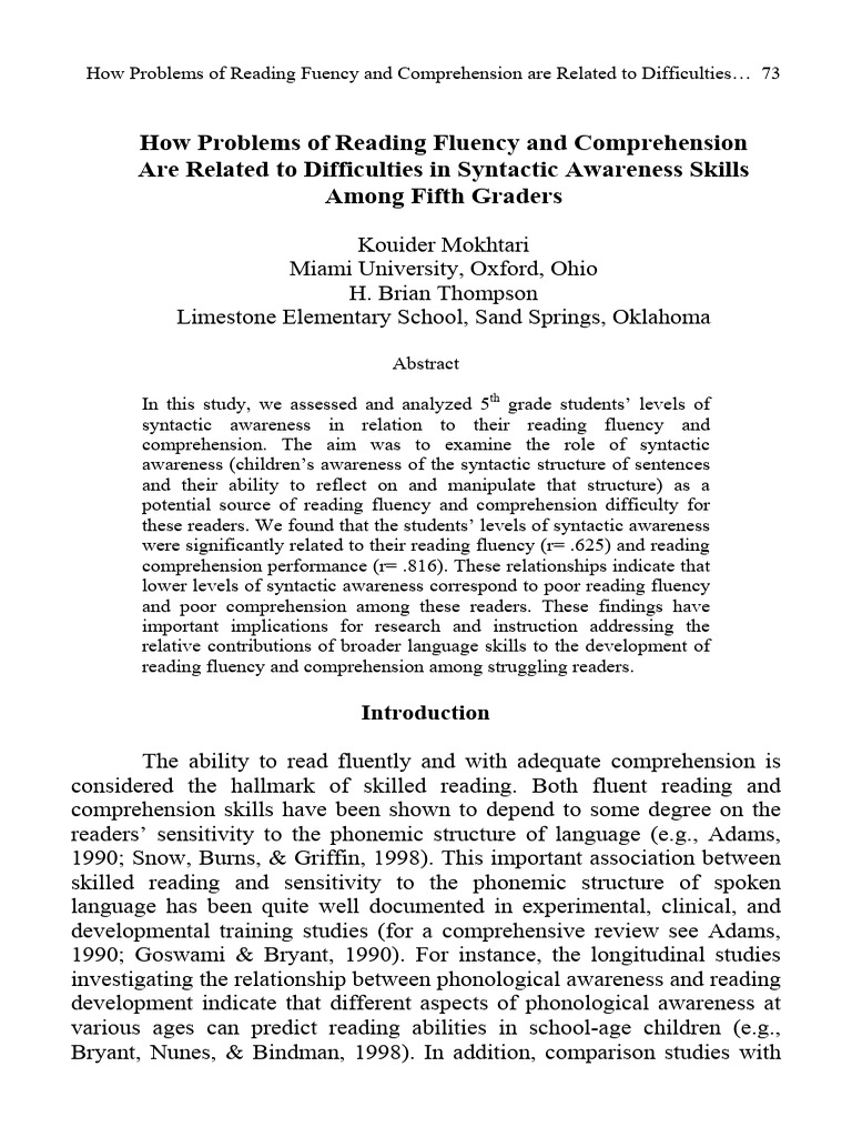 Syntactic Awareness & 5th Grade Reading | PDF | Reading Comprehension ...