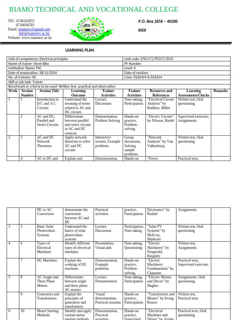Electrical Principles Learning Plan | PDF | Electromagnetism | Electric ...