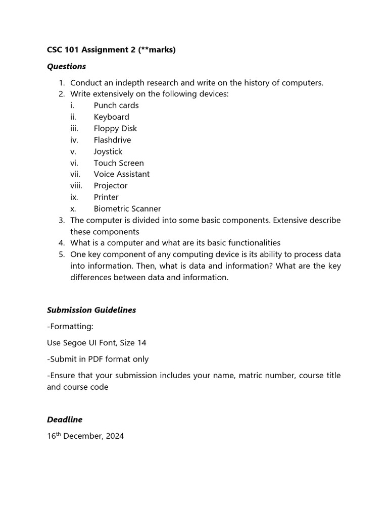CSC 101 Assignment 2 Overview | PDF