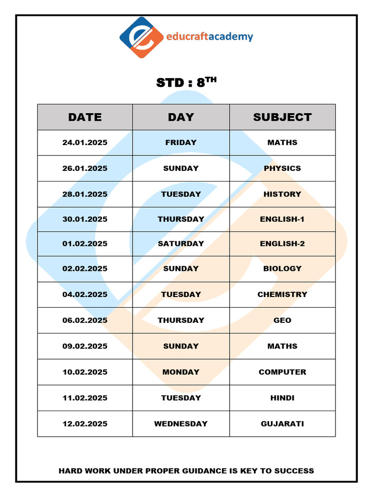 8th Class Timetable 2025 PDF | PDF