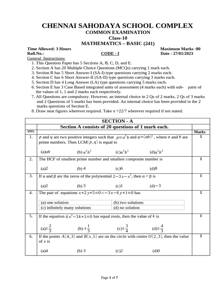 Class 10 Basic Maths Examination Paper | PDF | Circle | Area