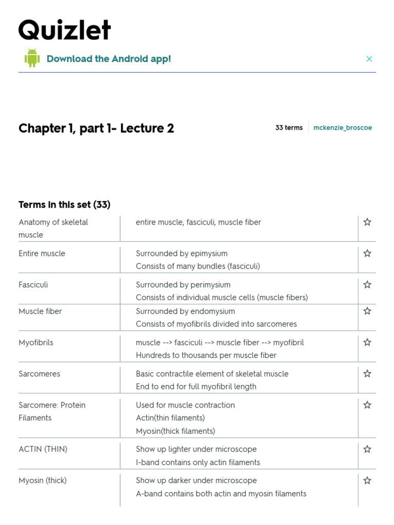 Lecture 2 Flashcards - Quizlet | PDF | Muscle Contraction | Skeletal Muscle