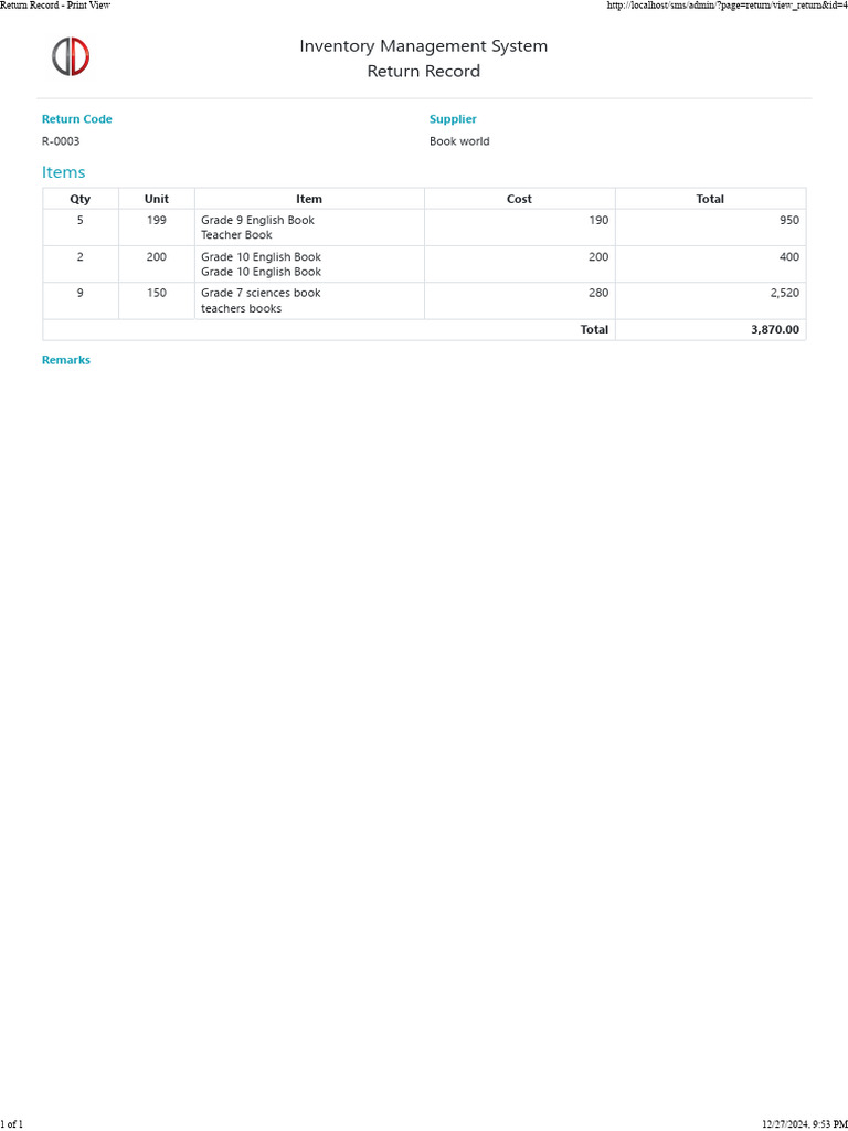 Return Record - Print View | PDF