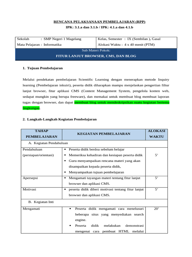 RPP Informatika: Fitur Browser dan Blog | PDF